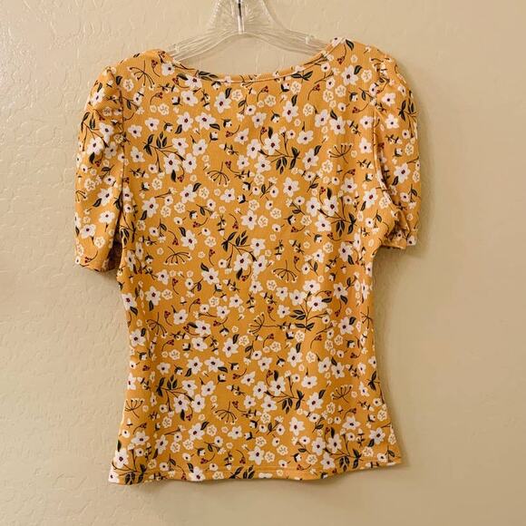 SHEIN Women's Mustard Yellow Floral Short Sleeve Stretch Top, Size Large - Picture 5 of 11